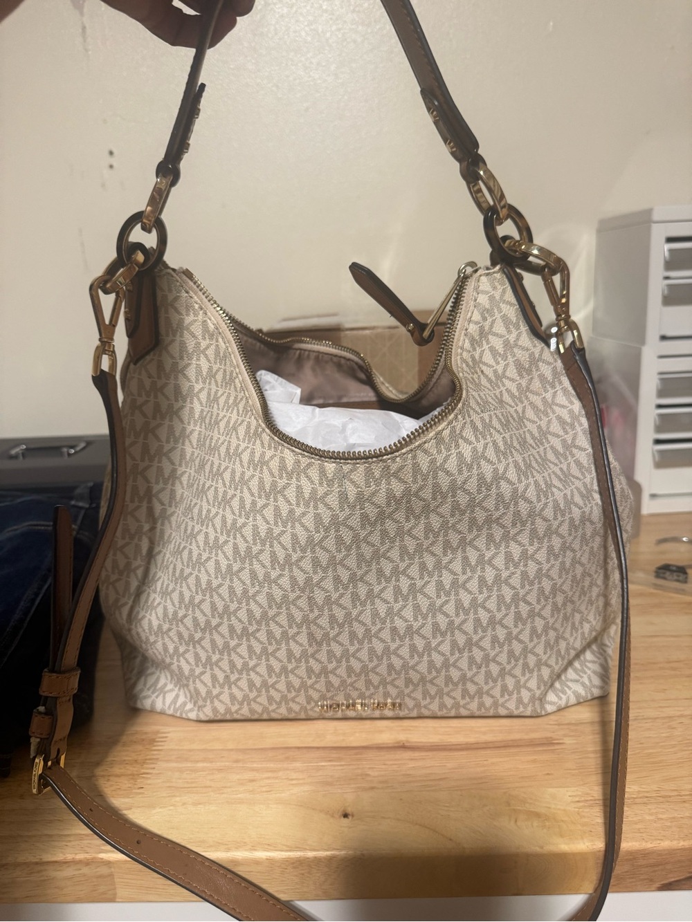 Michael Kors Cream/Tan MK Monogram Hobo Bag with Gold Hardware